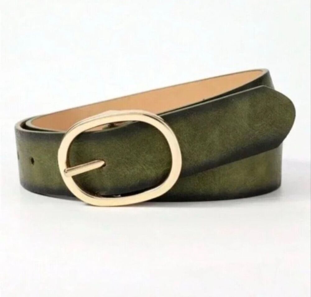 New! Olive Green Vegan Leather Gold Oval Buckle Belt (One Size 43”) NWOT
